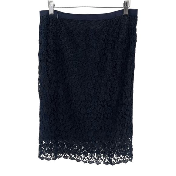 Marella Floral Lace Overlay Navy 100% Viscose Elegant Luxury Pencil Skirt Size 8